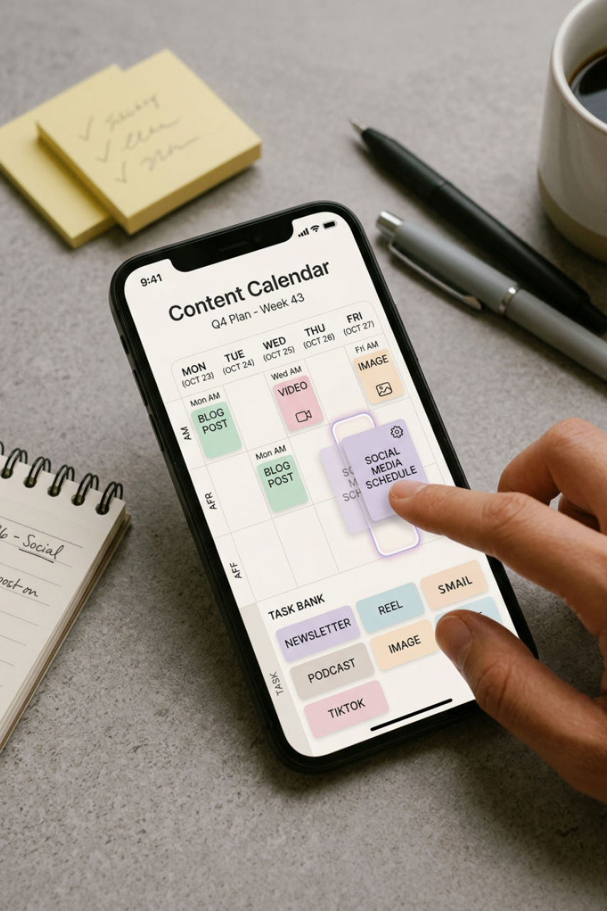 Person using content calendar on phone