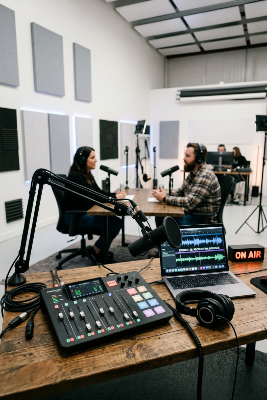 Podcast recording studio with hosts
