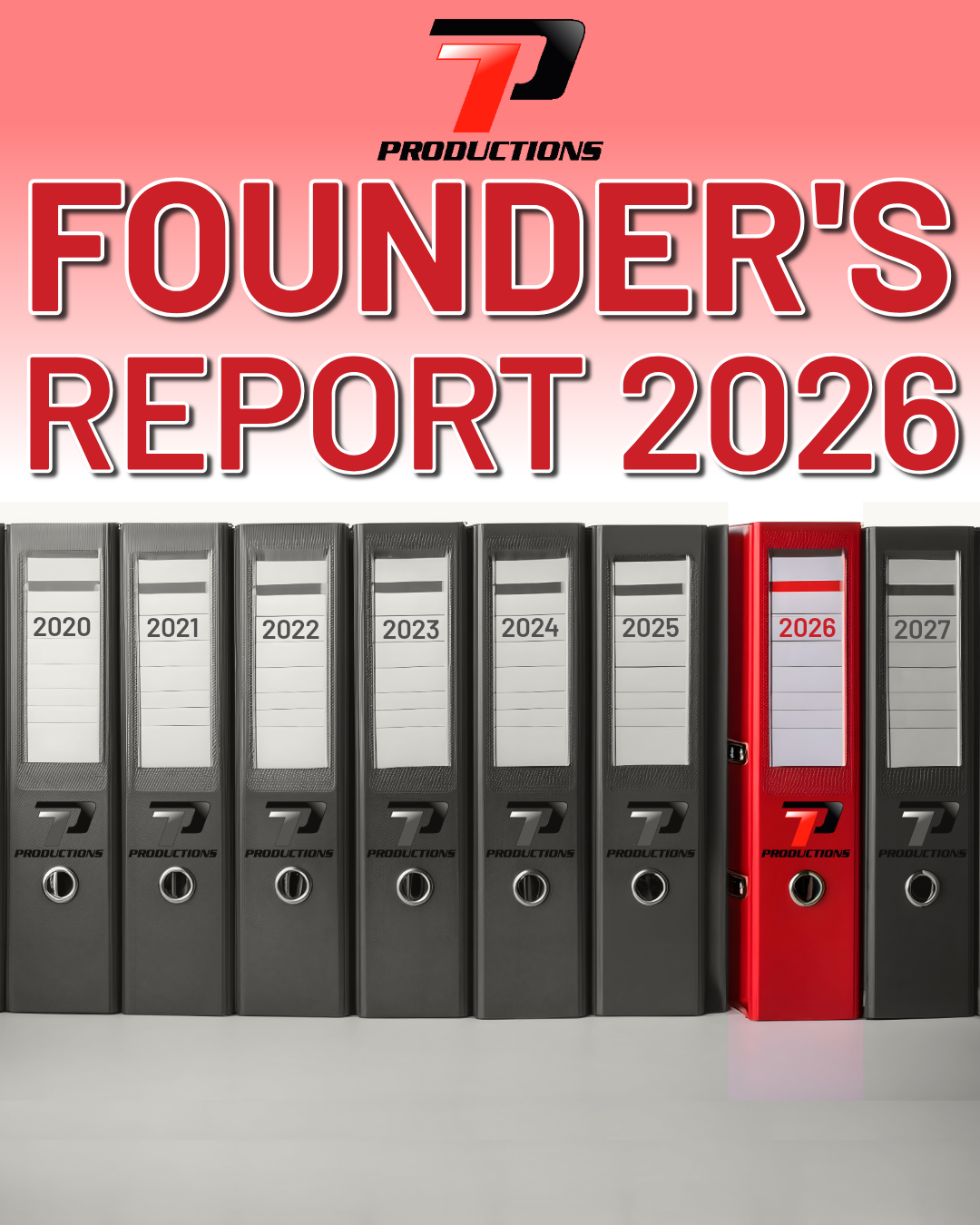 7P Productions binders labeled with years, 2026 highlighted